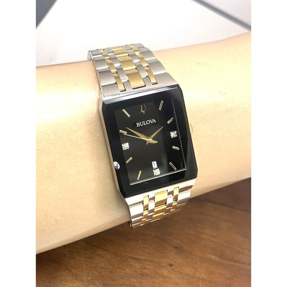 Bulova Men's Watch 98D153 Black Dial Diamond Accent Rectangle Two Tone Steel - Picture 12 of 15